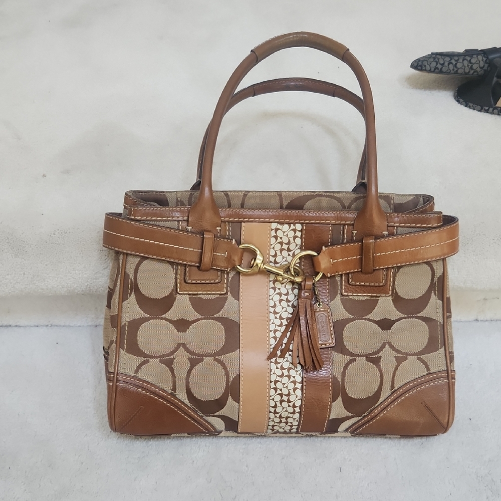 Coach Brown and Tan Signature Shoulder Bag